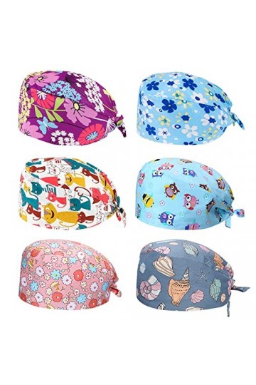XiYee 6 Pièces Chapeaux de Travail, Réglable Imprimé Coton Bonnet Casquette Turban, Unisexe Chapeau de beauté avec Bandeau Ab
