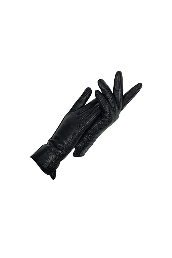 Gants dhiver en cuir véritable pour femme - Douces et chaudes - Doublées - Noir - Taille 8