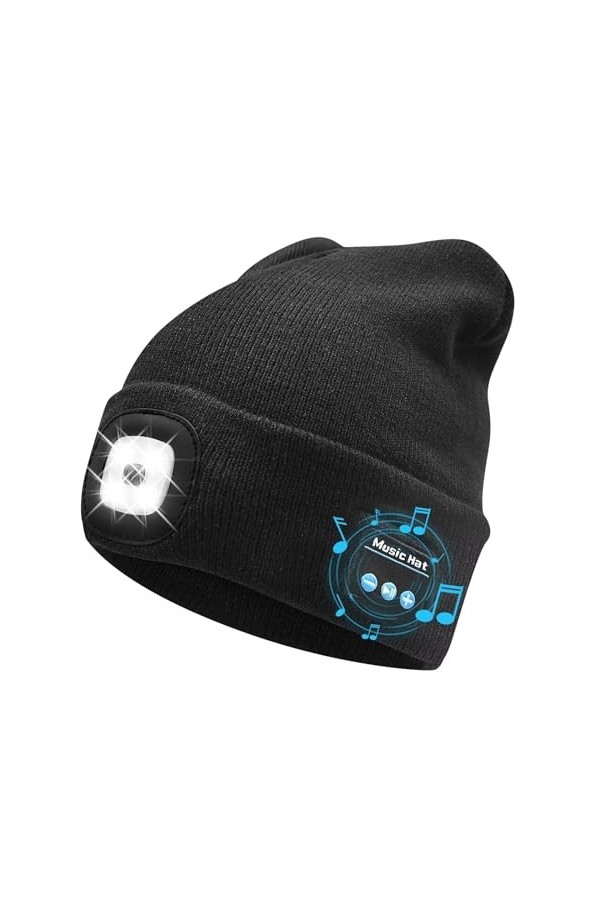 COTOP LED Bluetooth5.0 Bonnet Lumineux, Rechargeable USB Musical Running Chapeau Lumineux,4 LED Hiver Chaud Tricoté Lampe Lum