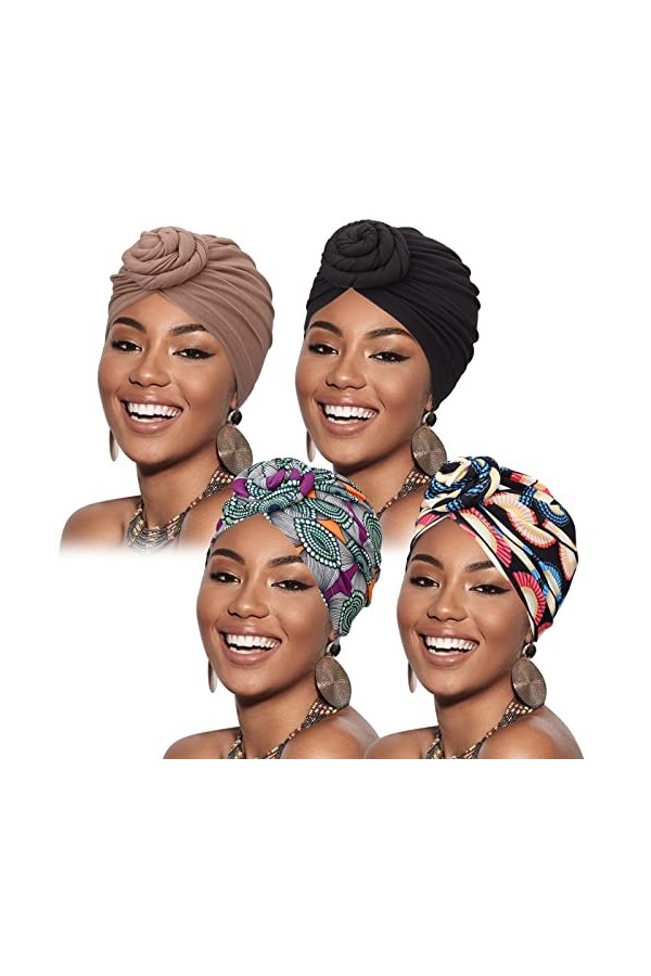 DRESHOW 4 Pièces Turban Africain pour Femme Bonnet Pré-noué Bonnet Chimio Casquette de Perte de Cheveux Chapeau