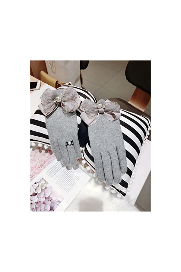 Gants dhiver en cachemire avec nœud papillon et perles pour femme - Gants dhiver coréens chauds pour écran