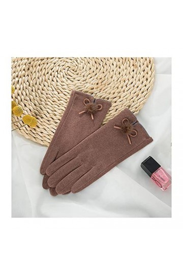 Gants Chauds pour Femme Automne Hiver Daim Cuir Doigt Complet Sport Gant de Cyclisme Boule de Poils Arc Broderie Écran Tactil