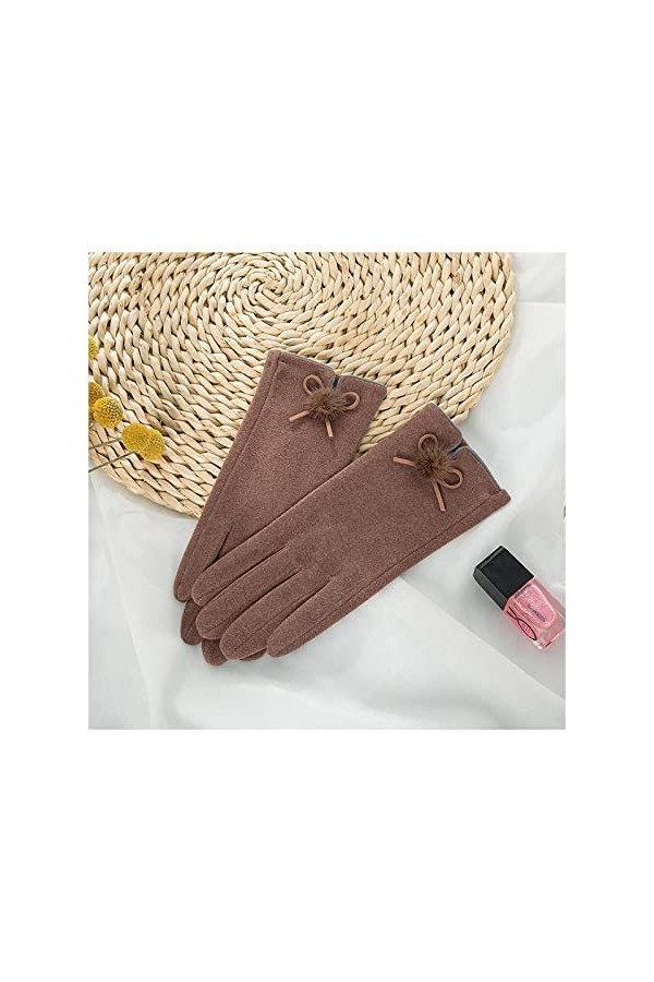 Gants Chauds pour Femme Automne Hiver Daim Cuir Doigt Complet Sport Gant de Cyclisme Boule de Poils Arc Broderie Écran Tactil