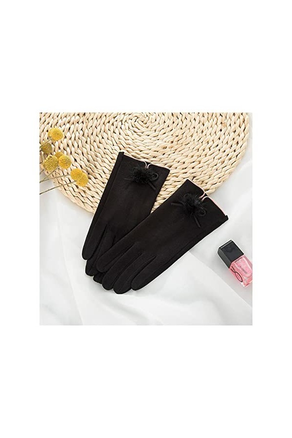 Gants Chauds pour Femme Automne Hiver Daim Cuir Doigt Complet Sport Gant de Cyclisme Boule de Poils Arc Broderie Écran Tactil