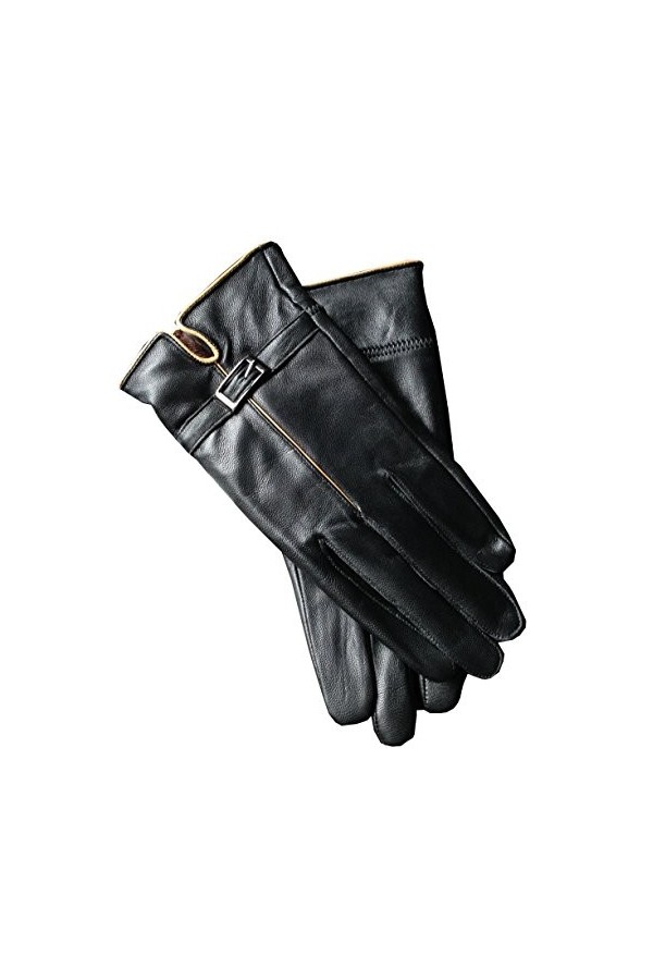 Dilize Gants dhiver doublés en cuir dagneau pour femme avec boucle, Noir , taille unique