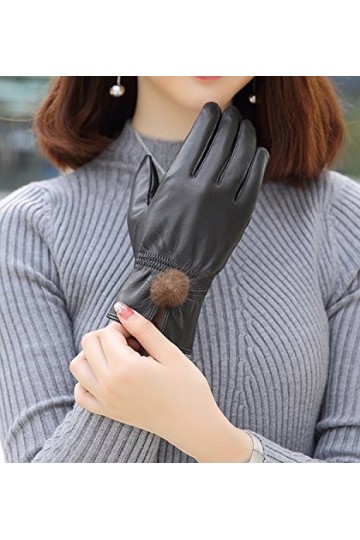 Dilize Gants dhiver chauds en fourrure dagneau doublés en peluche pour femme Noir, Noir , taille unique