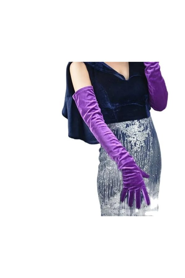 Pohullan Gants longs en velours pour femme - Modèle à section longue - Gants en velours doré hautement élastiques, 22 cm viol