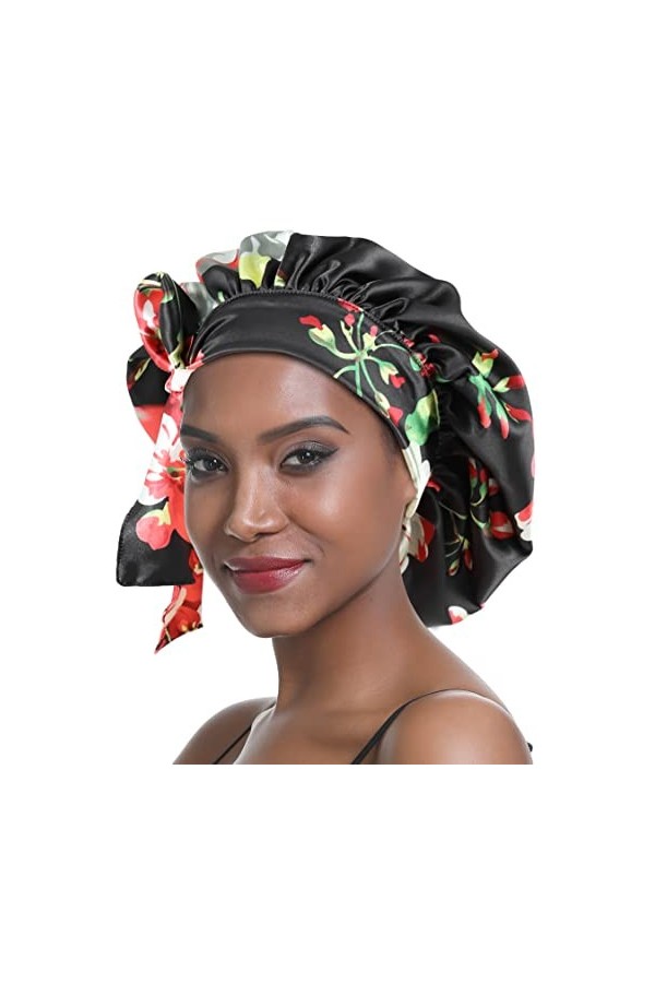 SENGTERM Bonnet de Nuit en Soie Femme aux Cheveux Bonnet en Satin Large Bande Soyeuse élastique à Double Couche pour Femmes N