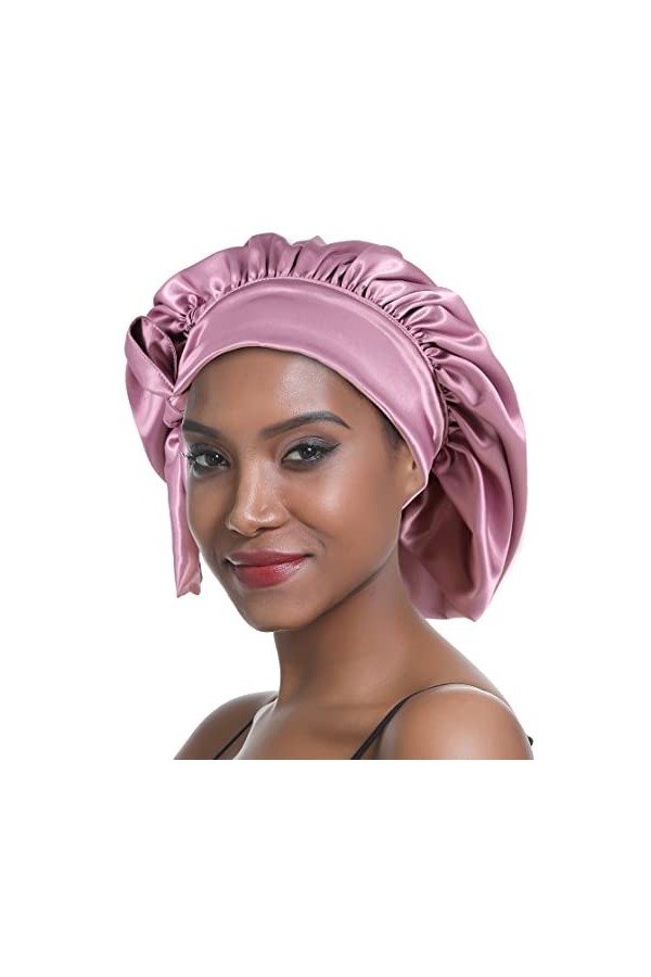 SENGTERM Bonnet de Nuit en Soie Femme aux Cheveux Bonnet en Satin Large Bande Soyeuse élastique à Double Couche pour Femmes N