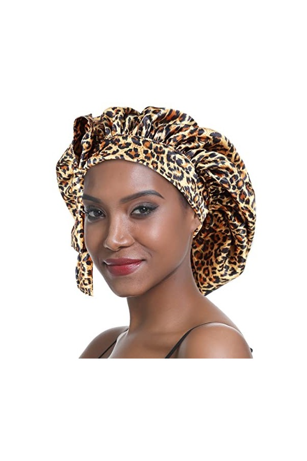 SENGTERM Bonnet de Nuit en Soie Femme aux Cheveux Bonnet en Satin Large Bande Soyeuse élastique à Double Couche pour Femmes N