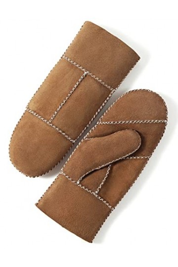 YISEVEN Femme Hiver Nouveau Gants Moufle en Cuir Peau de Mouton DAgneau Véritable Rayures Chaud Épais Fourrure Doublée Therm