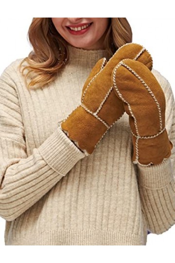 YISEVEN Femme Hiver Nouveau Gants en Moufles en Cuir Peau de Mouton Véritable Mérinos Chaud Épaisse Fourrure Doublée Thermiqu