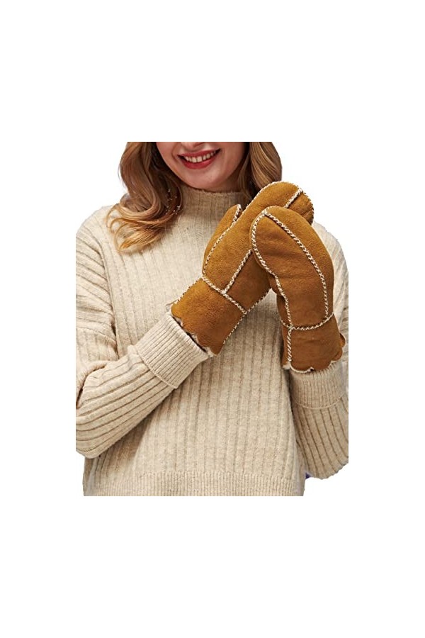 YISEVEN Femme Hiver Nouveau Gants en Moufles en Cuir Peau de Mouton Véritable Mérinos Chaud Épaisse Fourrure Doublée Thermiqu