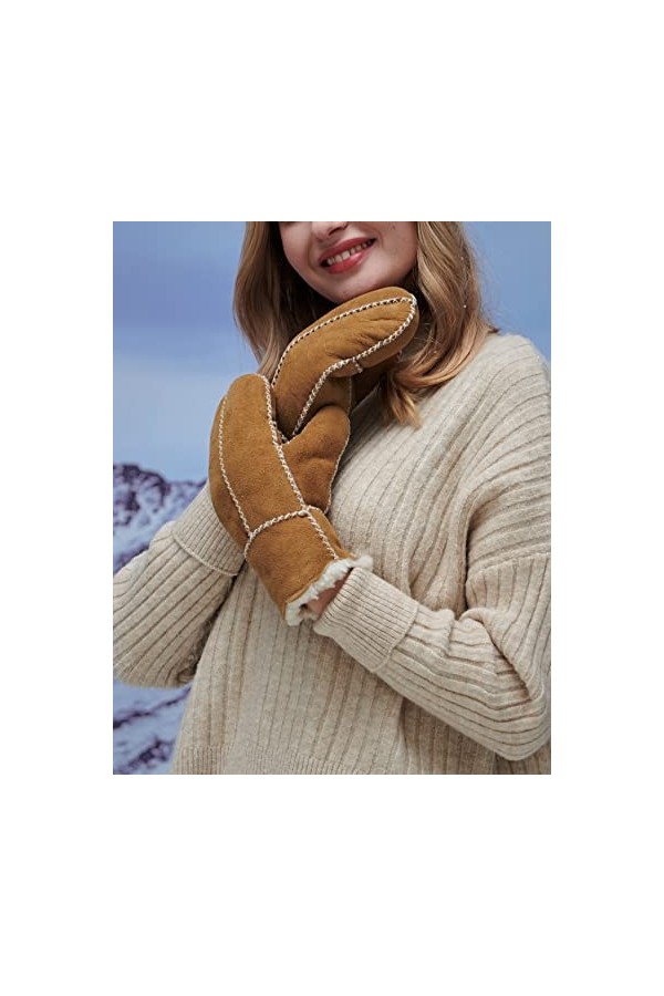 YISEVEN Femme Hiver Nouveau Gants en Moufles en Cuir Peau de Mouton Véritable Mérinos Chaud Épaisse Fourrure Doublée Thermiqu