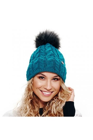 ELIMELI® Bonnet dhiver chaud en tricot avec pompon - Pour femme - Fabriqué dans lUE - 15568, pétrole, Taille unique