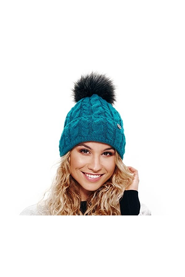 ELIMELI® Bonnet dhiver chaud en tricot avec pompon - Pour femme - Fabriqué dans lUE - 15568, pétrole, Taille unique