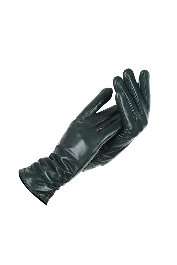 Gants dhiver en cuir courts pour femme - Gants de serrage au poignet, vert foncé, 7