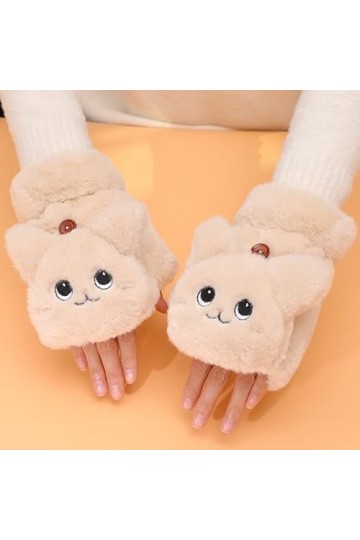 EdirFtra Hiver Mignon Mesdames Stretch Oreilles De Chat Flip Mitaines Demi Doigt Gants Mitaines De Laine Gants pour Dames Ta
