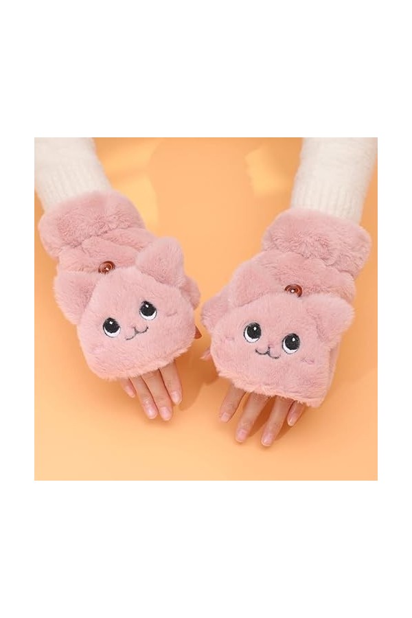 EdirFtra Hiver Mignon Mesdames Stretch Oreilles De Chat Flip Mitaines Demi Doigt Gants Mitaines De Laine Gants pour Dames Ta