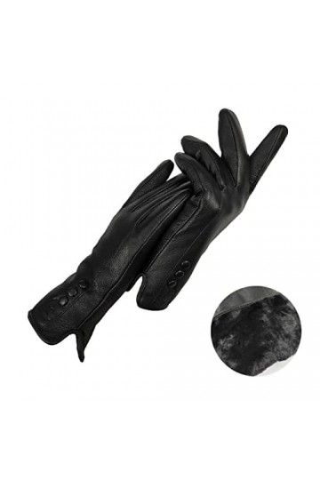 Gants pour femme en cuir épais et doux - Hiver - Automne - Mode - Noir - Boutons chauds - 7