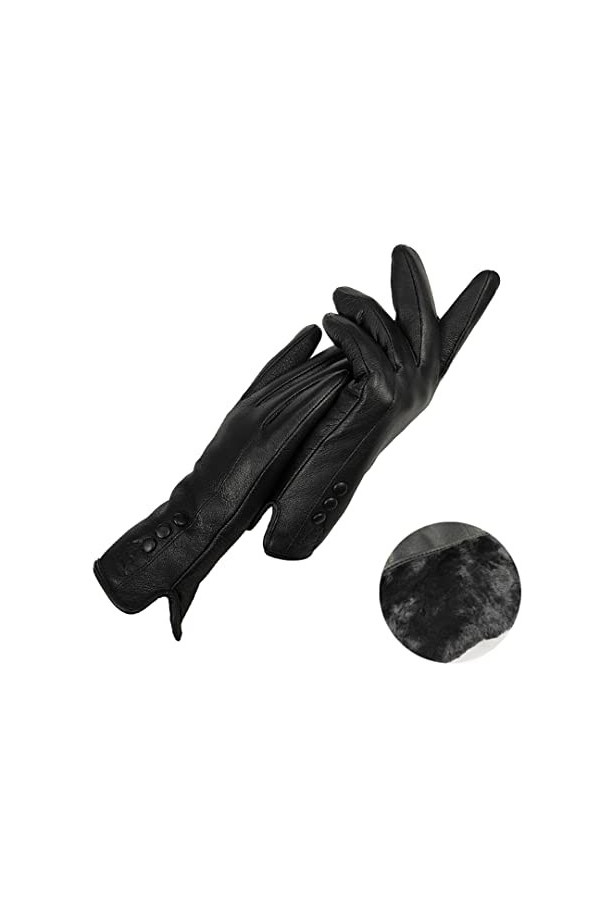 Gants pour femme en cuir épais et doux - Hiver - Automne - Mode - Noir - Boutons chauds - 7