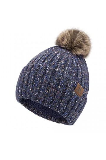 Bequemer Laden Femme Hiver Chic Bonnet Chauffant Tricoter Slouchy Doublé Polaire Casquette Crâne avec Pompon, Noir Bleu