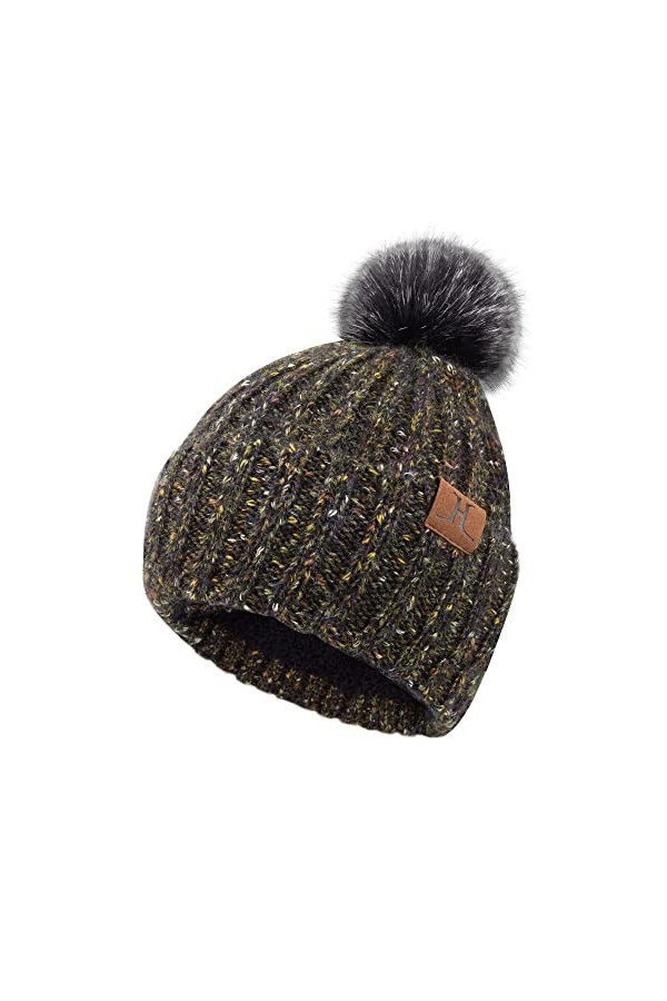 Bequemer Laden Femme Hiver Chic Bonnet Chauffant Tricoter Slouchy Doublé Polaire Casquette Crâne avec Pompon, Noir Bleu