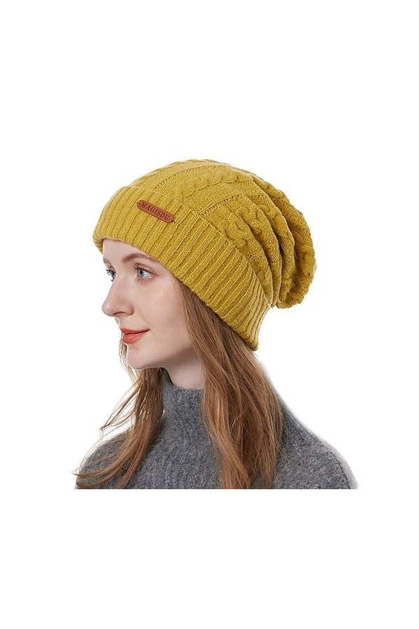 MAGISDU Bonnet Hiver Femme Chapeau en Laine Mérinos avec Doublure en Polaire Long Beanie Hat Chic Chaud Doux et Confortable