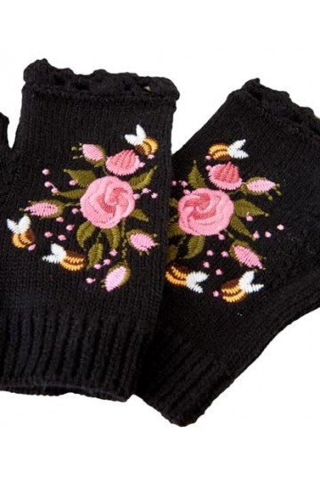 Joe Browns Vintage Floral Embroidered Knitted Fingerless Gloves Gants pour Temps Froid, Black Multi, Taille Unique Lot de 2 