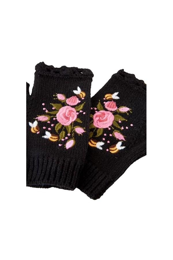 Joe Browns Vintage Floral Embroidered Knitted Fingerless Gloves Gants pour Temps Froid, Black Multi, Taille Unique Lot de 2 