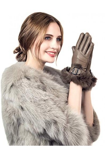 YISEVEN Gants en Cuir Peau de Mouton Agneau Véritable Femme Nouveau Hiver Écran Tactile Chaud Lapin Fourrure Laine Doublée El
