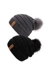 QUEENFUR Bonnet ample en tricot pour femme avec pompon en fausse fourrure - - Taille unique