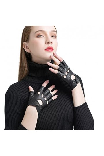 Femme Gants Gants En Cuir Véritable Pour Femmes Gants Sans Doigts En Peau De Chèvre Noire Gants DHiver Demi Doigts Noir L