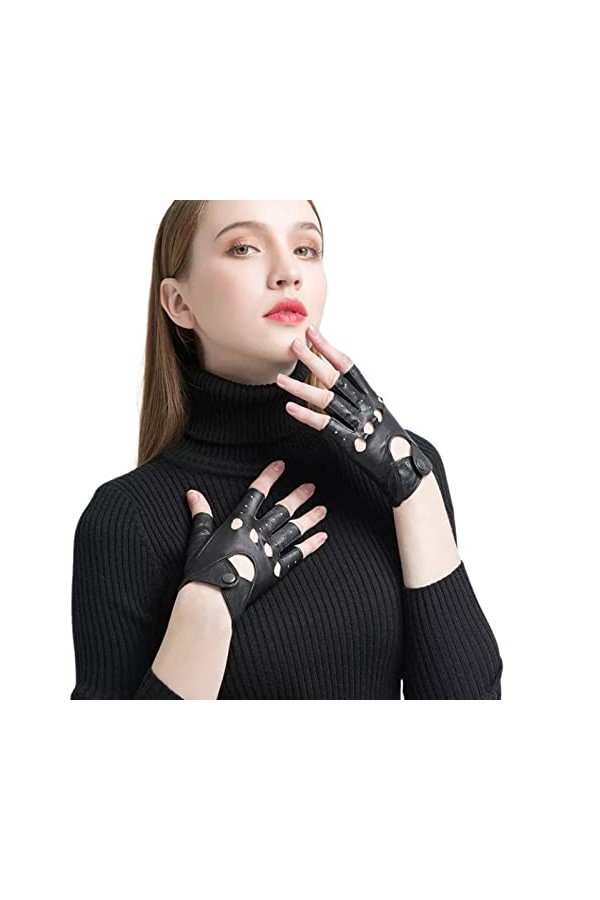 Femme Gants Gants En Cuir Véritable Pour Femmes Gants Sans Doigts En Peau De Chèvre Noire Gants DHiver Demi Doigts Noir L