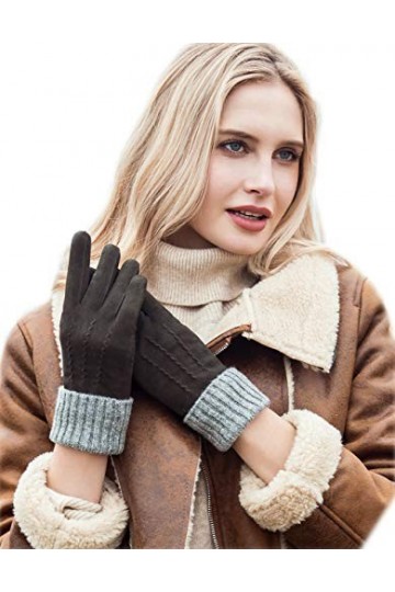 YISEVEN Femme Nouveau Hiver Gants en Cuir Peau de Mouton Suédé Cadeau Agneau Véritable Chaud Laine Doublée Elégante Rayures L