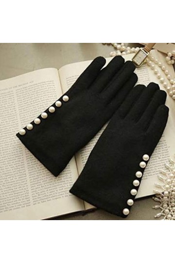 RFEGEF Femme Gants dhiver,Gants À Écran Tactile Gants DÉpaississement en Laine Perle Noire pour Dames Doux Coupe-Vent Éléga