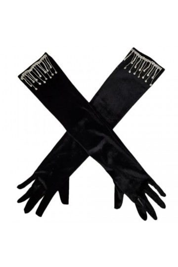 Pohullan Gants longs vintage en velours avec strass pour femme, Noir 2, taille unique