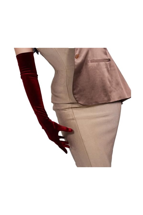 Pohullan Gants Opéra Soirée Long Extensible Velours Flanelle Rouge Chaud Tactile, rouge foncé, M