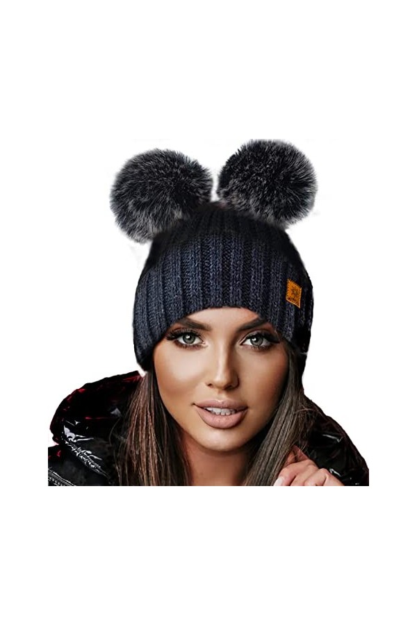 4sold Miki Mesdames Femmes dhiver Chapeau en Laine Tricoté Bonnet avec Double Pom Pom Cap Ski Snowboard Bobble White Black 