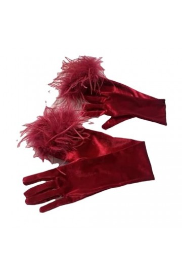 Pohullan Gants longs et élégants en patchwork de plumes pour femme, Polaire rouge vin 52 cm, taille unique