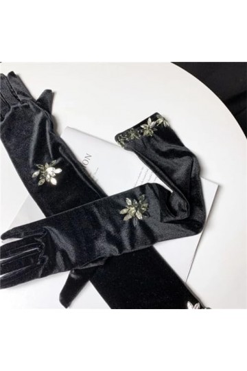 Pohullan Gants longs élégants faits à la main pour femme Printemps été Vintage Conduite Photographie, Noir , taille unique