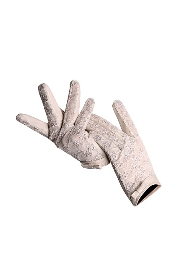 Gants en cuir pour femmes printemps et automne fin peau de mouton gants en dentelle noire, beige, 80