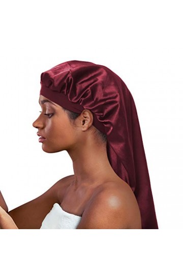 Alnorm Bonnet de sommeil long en satin - Double couche, bande élastique douce, rouge vin, Taille unique