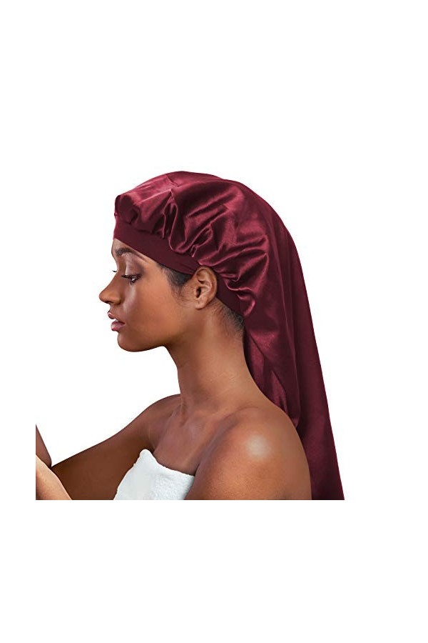 Alnorm Bonnet de sommeil long en satin - Double couche, bande élastique douce, rouge vin, Taille unique