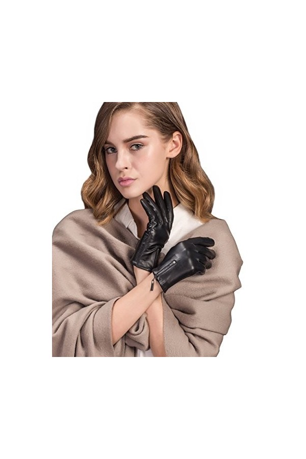 YISEVEN Gants en Cuir de Mouton Femme Hiver Véritable Écran Tactile Élégant Chaud Velours Doublés avec Fermeture à Glissière