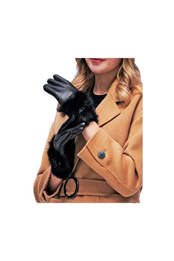YISEVEN Femme Gants en Cuir de Mouton Véritable Hiver Chaud Tactile Chauffant Doublée en Velours Fourrure Lapin avec Noeud de
