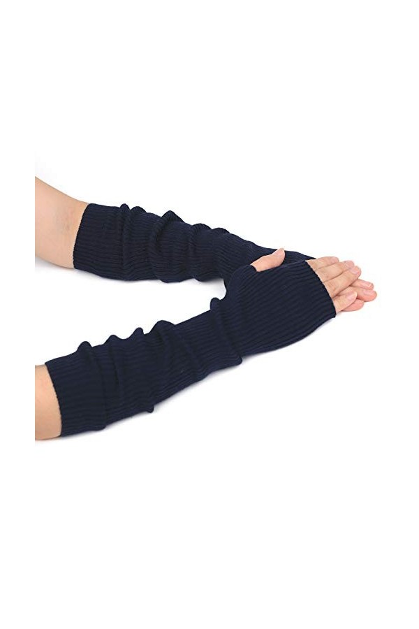 F Flammi Mitaines dhiver en cachemire mélangés avec trou pour le pouce pour femme, Bleu marine 42 cm , Medium