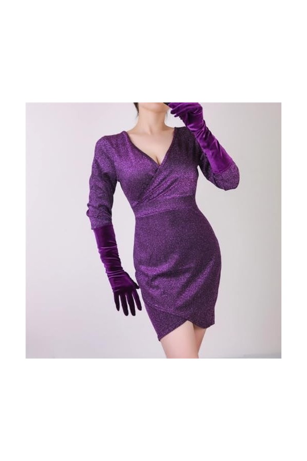 Pohullan Gants longs et élégants en velours pour femme, Bleu 60 cm, taille unique