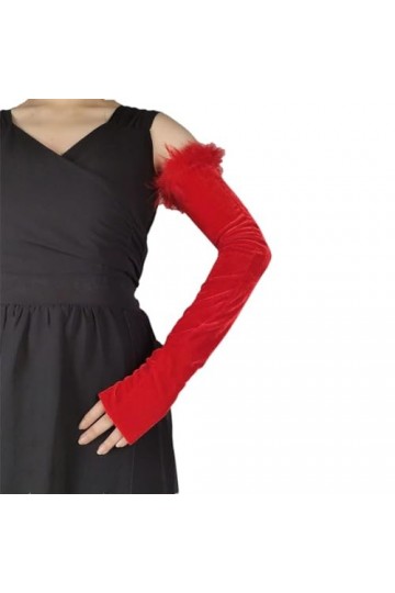 Mitaines mi-doigts vintage en velours avec plumes pour femme, Rouge, taille unique