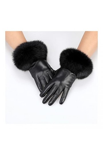 Gants dhiver Gants en Cuir véritable for Femmes avec Poignets à Fourrure de Lapin Moutons en Peau de Mouton Color : Black, 
